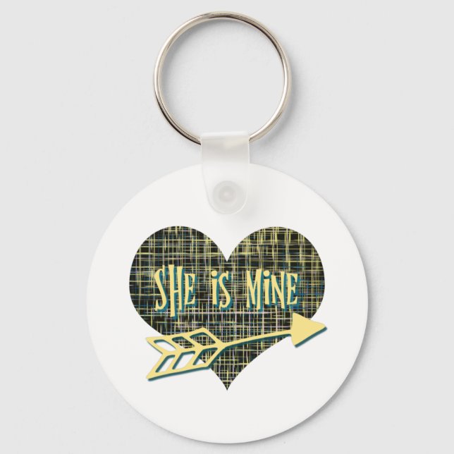 She is Mine Abstract Yellow Grid Heart Shape Key Ring (Front)