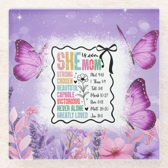 She Is Mom Scripture Affirmations Glass Coaster (Front)