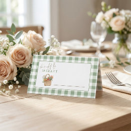 She is off the Market Sage Gingham Bridal Shower Place Card