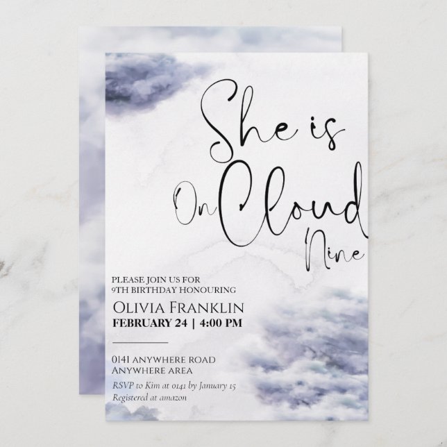 She is on cloud nine birthday  invitation (Front/Back)