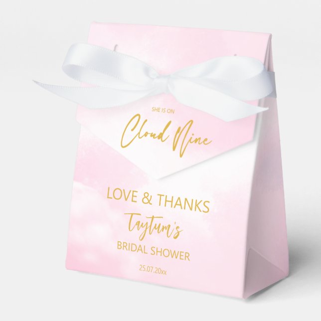 She is on cloud nine bridal shower pink and gold favour box (Front Side)