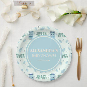 She Is Ready To Pop Baby Shower Blue Boho Kawaii Paper Plate