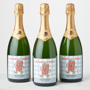 She Is Ready To Pop Baby Shower Gingham Blue Retro Sparkling Wine Label