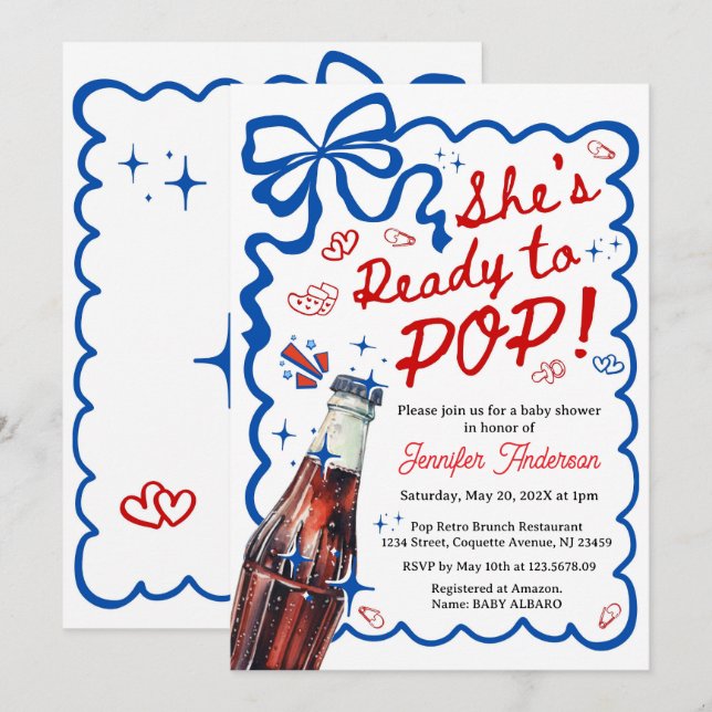 She is Ready to POP Blue Coquette Invitation (Front/Back)