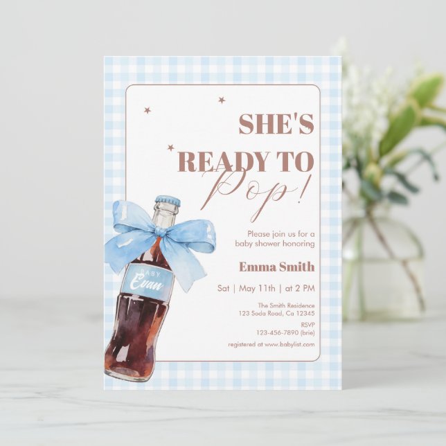 She Is Ready to Pop Blue Soda Pop Baby Shower Thank You Card (Standing Front)