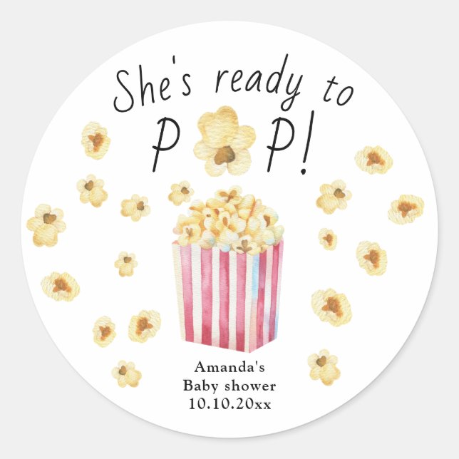 She is Ready to Pop Watercolor Popcorn Baby Shower Classic Round Sticker (Front)