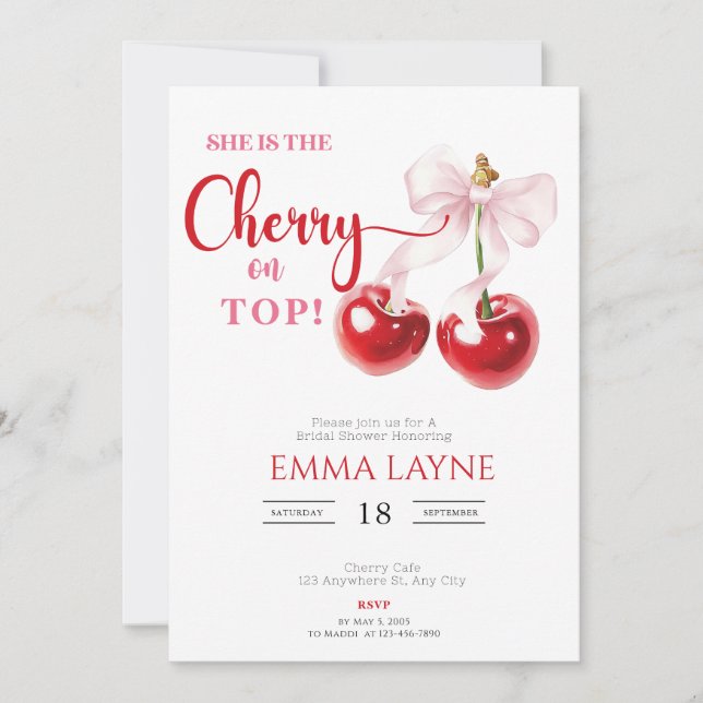 She is the Cherry on Top Coquette Bridal Shower In Invitation (Front)