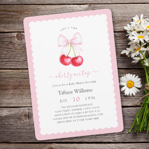 She is The Cherry On Top Pink Bow Baby Shower Invitation