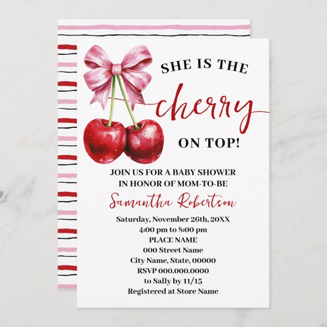 She is the Cherry on Top Pink Coquette Baby Shower Invitation (Front/Back)