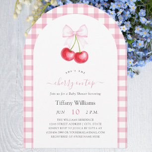 She is The Cherry On Top Pink Gingham Baby Shower Invitation