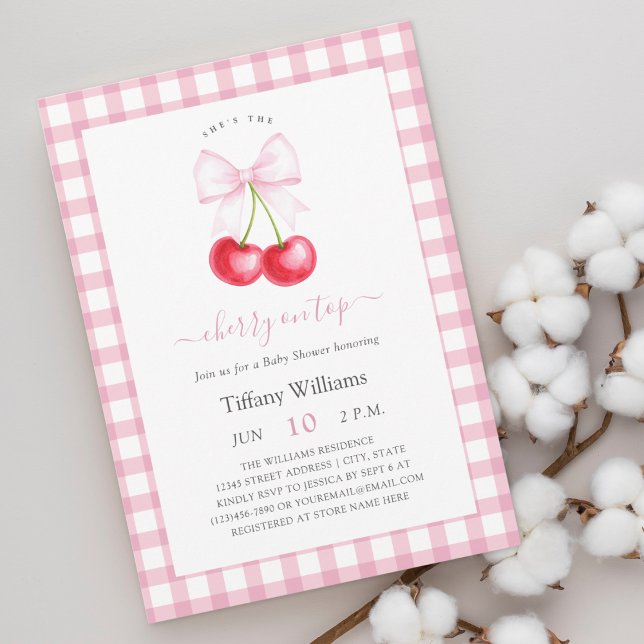 She is The Cherry On Top Whimsical Bow Baby Shower Invitation (Creator Uploaded)