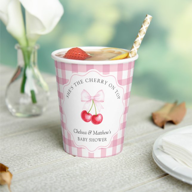 She is The Cherry On Top Whimsical Bow Baby Shower Paper Cups (Insitu)