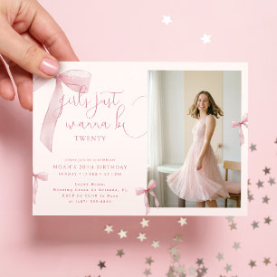 She is Turning Twenty Pink Bow Photo Birthday Invitation