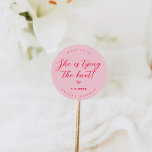 She is tying the knot  pink and red bridal classic round sticker<br><div class="desc">She is tying the knot pink and red bridal Classic Round Sticker
Matching items are available.</div>