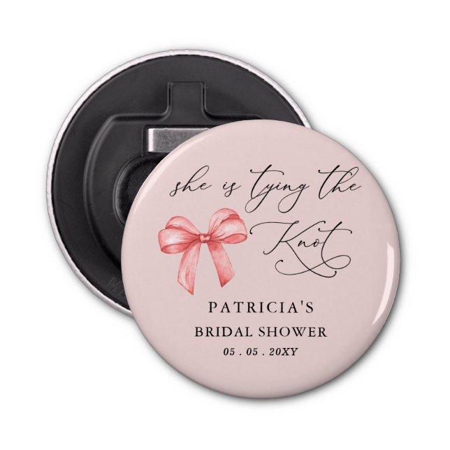She is tying the knot pink bow Bridal Shower Bottle Opener (Front)