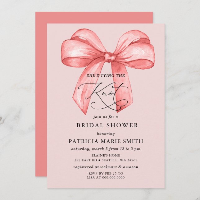 She is tying the knot pink bow Bridal Shower Invitation (Front/Back)