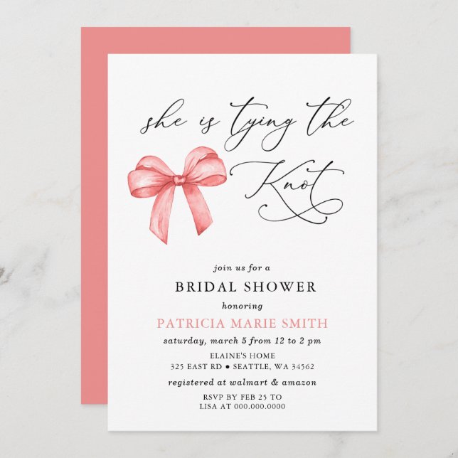 She is tying the knot pink bow Bridal Shower Invitation (Front/Back)