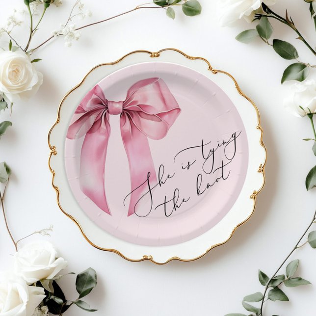 She is tying the knot Pink Bow Bridal Shower Paper Plate (Creator Uploaded)