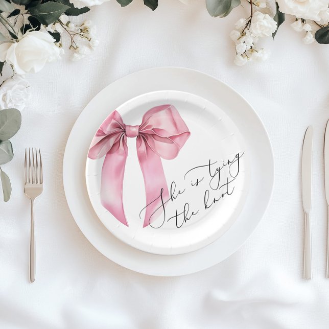 She is tying the knot Pink Bow Bridal Shower Paper Plate (Creator Uploaded)