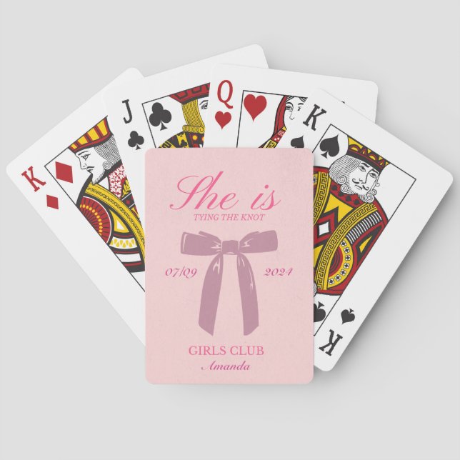 she is tying the knot pink coquette bachelorette playing cards (Back)