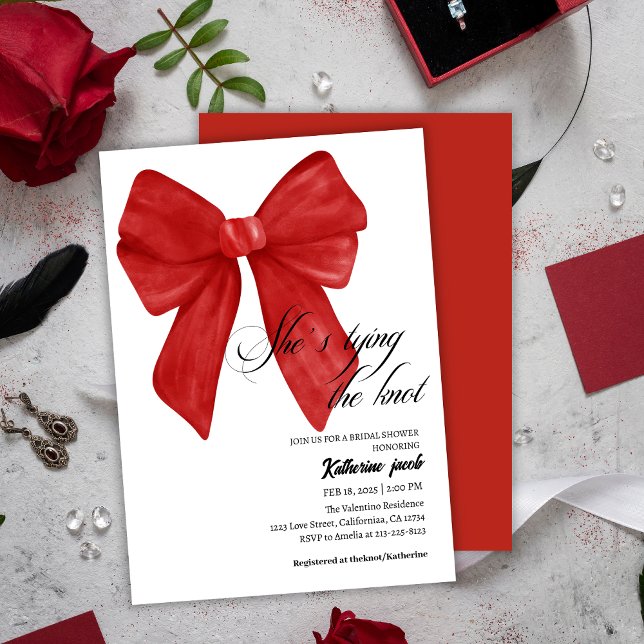 She is tying the knot red Bow bridal shower Invitation (Creator Uploaded)