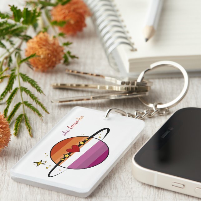 She Loves Her Sunset Lesbian Flag Acrylic Keychain (Front Right)