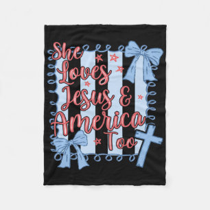 She Loves Jesus & America Christian 4th July C Fleece Blanket