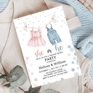 She or He Clothes Gender Reveal Baby Shower Invitation