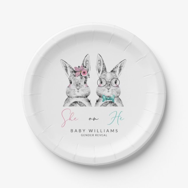 She or He Pink & Blue Bunny Gender Reveal Shower Paper Plate (Front)