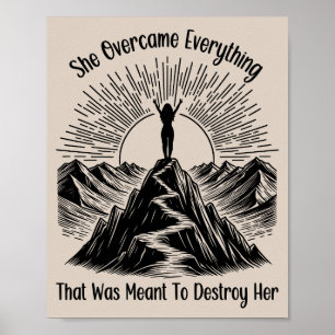 She Overcame Mountain Line Art Women Empowerment Poster