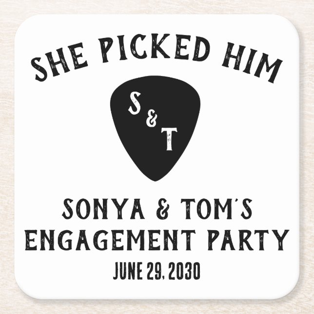 She Picked Him! Guitar Engagement Party Square Paper Coaster (Front)