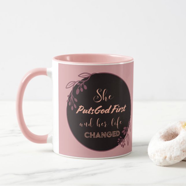 She Puts God First Pink-Inside Mug Inspirational (With Donut)