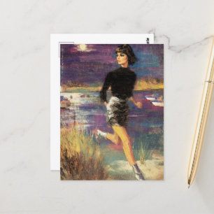 She Runs on the Beach Retro  Postcard