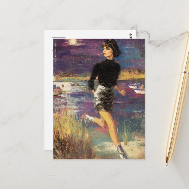She Runs on the Beach Retro  Postcard (Front/Back In Situ)