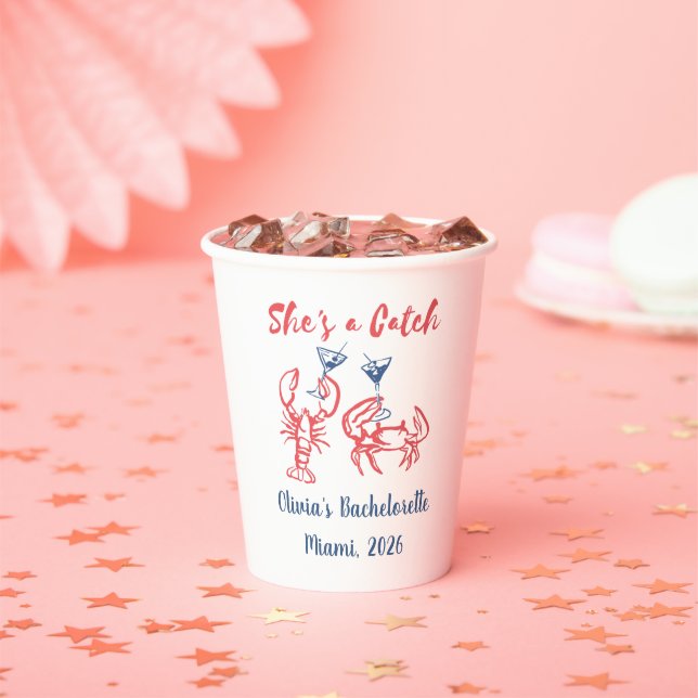 She’s a Catch Bachelorette Paper Cups (Insitu)