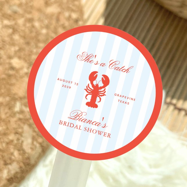 She’s a Catch Lobster Red and Blue Bridal Shower Classic Round Sticker (Creator Uploaded)