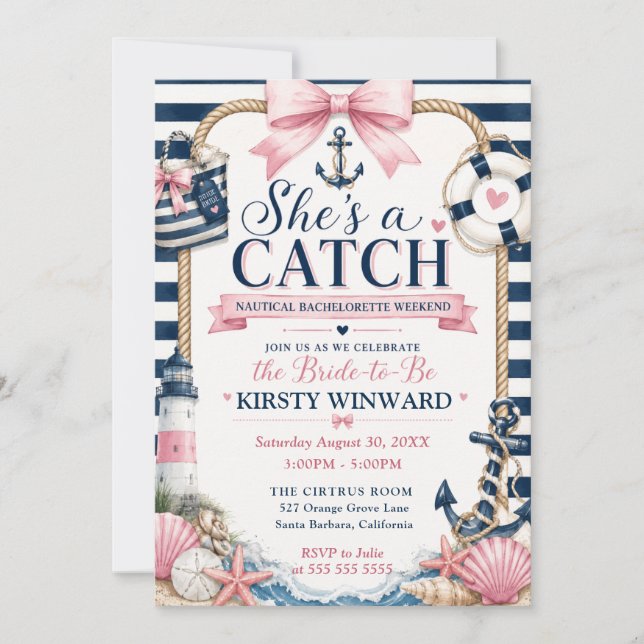 She’s a Catch Nautical Bachelorette Party Invitation (Front)