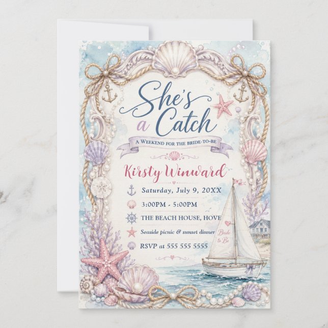 She’s a Catch Seaside Bachelorette Party Invitation (Front)