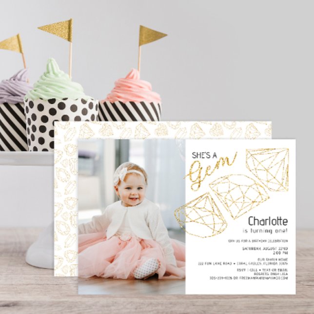 She’s a Gem Glam Photo Birthday Party Invite (she's a gem birthday party glitter gold photo 1st birthday invitation)