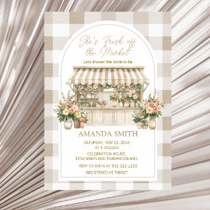 She’s Fresh Off The Market Gingham Beige Bridal Invitation