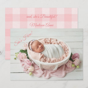 She’s Here Pink Girl Gingham Cute Modern Birth Announcement