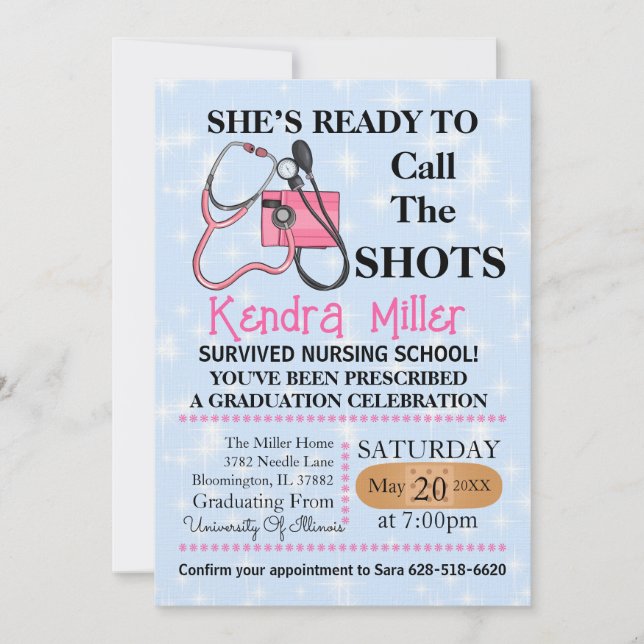 She’s Ready To Call The Shots Nursing Graduation Invitation (Front)