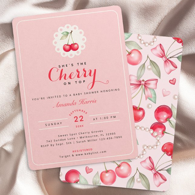 She’s the Cherry on Top Coquette Baby Shower  Invitation (Cherry Themed Baby Shower Invitation)