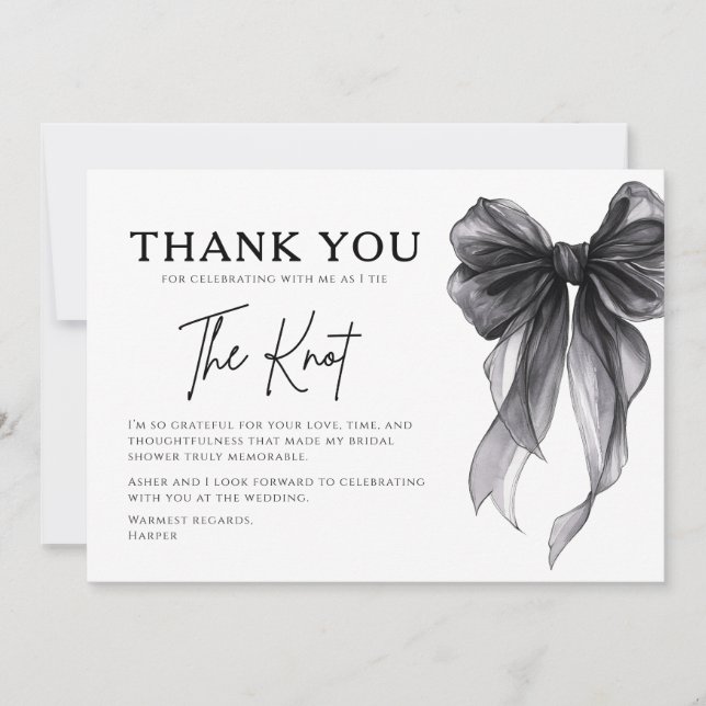 She’s Tying The Knot Black Bow Bridal Shower Thank You Card (Front)