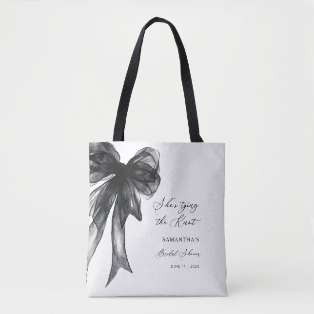 She’s Tying The Knot Black Bow Bridal Shower Tote Bag (Front)