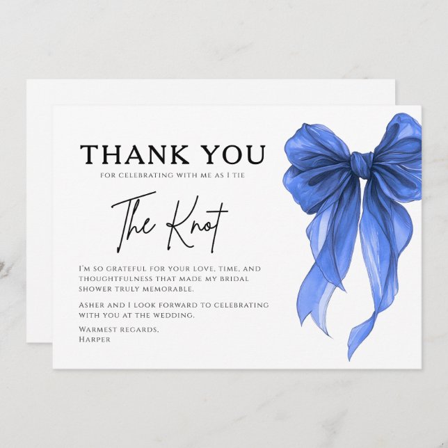 She’s Tying The Knot Blue Bow Bridal Shower Thank You Card (Front/Back)