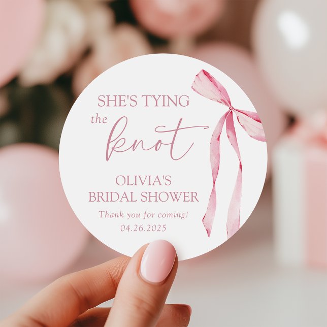She’s Tying the Knot Coquette Bow Bridal Shower  Classic Round Sticker (Creator Uploaded)