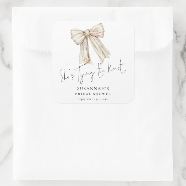 She’s Tying The Knot Cream Bow Bridal Shower Square Sticker (Bag)