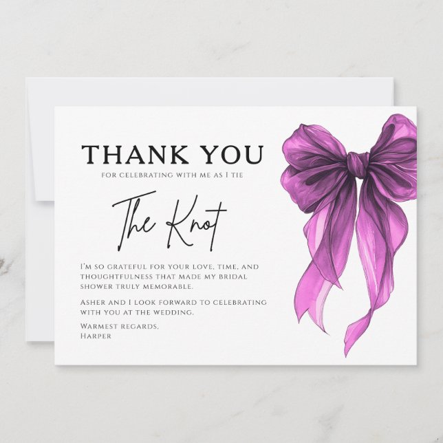 She’s Tying The Knot Purple Bow Bridal Shower Thank You Card (Front)