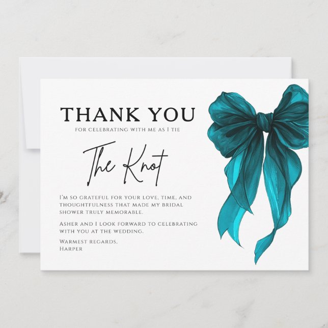 She’s Tying The Knot Turquoise Bow Bridal Shower Thank You Card (Front)